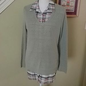 CROFT Sage Green Pointelle Sweater w/ Faux Plaid Shirt Tunic L